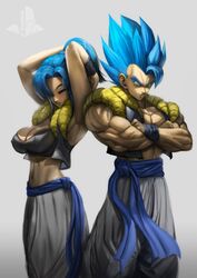 1boy 1girls armpits arms_crossed arms_up big_breasts blue_eyes blue_hair breasts bulchi bulma_briefs chichi cleavage clothing crop_top dragon_ball dragon_ball_fusions dragon_ball_super elitenappa female fusion gogeta large_breasts male male_saiyan muscular_male nipple_bulge nipples pants saiyan sash stretching super_saiyan_blue vest rating:Questionable score:160 user:Rex_Hollins