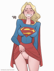 1girls blonde_hair cape closed_eyes clothed dc dc_comics female female_only flashing flashing_pussy grin kara_danvers kara_zor-el large_breasts long_hair mostly_clothed no_panties no_panties_under_skirt presenting_pussy pussy red_cape showing_pussy skirt skirt_lift smile smiling solo supergirl superheroine toksie rating:Explicit score:303 user:3mma_Fr0st