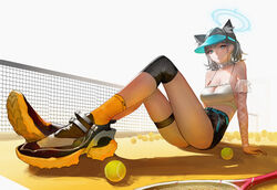  alternate_costume animal_ears ass ball black_footwear blue_archive blue_eyes blue_halo breasts cleavage extra_ears female ganet_p grey_hair halo highres medium_breasts medium_hair racket shiroko_(blue_archive) shoes sitting solo tennis_ball tennis_net tennis_racket thigh_strap wolf_ears  rating:safe score: user:bot