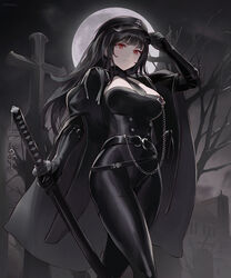 1girls belt big_breasts black_bodysuit black_hair blouse bodysuit breasts chowbie cleavage cross elbow_gloves eyelashes eyeliner eyeshadow female female_focus female_only frown full_moon gloves hat highres holding_sword katana large_breasts latex long_hair looking_at_viewer makeup moon necktie night original peaked_cap puffy_sleeves red_eyes shirt solo solo_female sword rating:Safe score:126 user:AutumnAlex