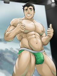 1boy abs artist_name artist_signature avatar_the_last_airbender bara belly biceps big_bulge big_pecs black_hair bolin buff bulge copyright_name green_eyes green_speedo green_underwear human human_only light-skinned_male light_skin male male_boobs male_chest male_focus male_only moobs muscles muscular muscular_male muscular_thighs neppikun nickelodeon pecs pectorals penis_outline pose posing smile smiling smooth_skin solo solo_focus solo_male speedo speedo_only teeth teeth_showing the_legend_of_korra thick_eyebrows thick_thighs thumbs_up tight_speedo tight_underwear underwear underwear_only rating:Questionable score:53 user:holymolygay