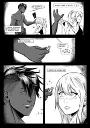 1girls absurdres angry black_and_white black_and_white_dress black_hair blonde_hair blood_bond blood_bond blush colored_skin comic comic_page dark-skinned_male dark_hair dark_skin dress english_text female greek_mythology greek_mythology hand_swat happy highres interracial jewelry manga manga_page mari_vill marriage marriage_proposal monstershake muscular muscular_male petite ponytail ring romantic slap slapping smile sparkle titan_(greek_mythology) topless topless_male typhon typhon_(blood_bond) typhon_titan white_hair white_skin white_skinned_female rating:Questionable score:6 user:MonsterShake