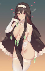 1girls bare_shoulders black_hair blush breasts caisan center_opening condom condom_accessories covered_nipples cross cross_earrings cum cum_in_mouth earrings facial female garter_belt garter_straps gloves groin heart heart-shaped_pupils jewelry large_breasts latin_cross looking_at_viewer nipple_slip nipples no_bra no_panties nun nun's_habit pelvic_curtain red_eyes revealing_clothes sidelocks slutty_outfit smile solo spy_x_family symbol-shaped_pupils thighhighs used_condom veil white_gloves yor_briar yor_forger rating:Explicit score:231 user:bot