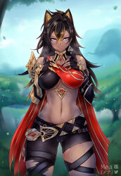 1girls abs animal_ears artist_logo black_hair blue_eyes blush breasts busty cleavage curvy dark-skinned_female dark_skin dehya_(genshin_impact) female female_only front_view genshin_impact halterneck hi_res looking_at_viewer navel spread_legs squatting sweat sweating sweaty thick_thighs tight_pants toned toned_female torn_pants underboob yellow_hair rating:Questionable score:119 user:Polio101