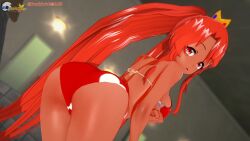  3d 3d_(artwork) alternate_version_available anime_style ass ass_focus bathroom breasts cosmixlewds dark-skinned_female female hi_res koikatsu looking_at_viewer original_character partially_clothed pov princess red_hair rumi_heart_(cosmixlewds) shiny_skin sideboob starling_heroes swimsuit watermark  rating:questionable score: user:bot