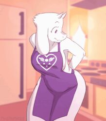  1girls accidental_exposure animated animated apron apron_only areolae ass big_ass big_breasts blush bottomless bouncing_breasts breasts breasts_out delta_rune_(emblem) exposed_breasts furry goat goat_girl goat_horns haisevaa horns kitchen mature mature_female milf naked_apron nipples purple_eyes shocked solo thick_thighs toriel tying_apron undertale white_fur  rating:explicit score: user:bot