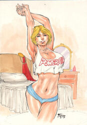 blonde_hair dc dc_comics ed_benes_studio female fred_benes power_girl short_hair solo stretching superheroine tank_top rating:Questionable score:29 user:Bob_the_Guy