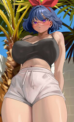 1girls big_breasts blue_hair blush breasts enta_(nia) female female_only glasses hair_ribbon medium_hair nia_(nia4294) nipple_bulge original purple_eyes shorts solo solo_female tank_top thick_thighs very_high_resolution viewed_from_below rating:Questionable score:299 user:conmazda