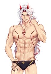 abs arataki_itto blue_hair eight_pack fit fit_male genshin_impact male_only markings muscles muscular muscular_male nipples oni oni_horns pecs rourouki toned toned_body toned_male versace wet wet_skin white_hair rating:Explicit score:76 user:Fumeknight1