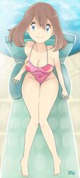 5_fingers 5_toes anime_style barefoot blue_eyes breasts brown_hair cameltoe cleavage feet knees_together_feet_apart large_breasts may_(pokemon) one-piece_swimsuit pink_swimsuit pokemon pokemon_rse r3dfive sitting small_waist smile smiling_at_viewer swimsuit water rating:Questionable score:95 user:BlueHippo