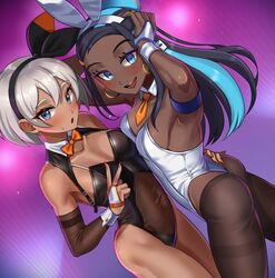 2girls :d armpits ass bangs bea_(pokemon) black_hair black_hairband blue_eyes blue_eyeshadow blue_hair blush bow bow_hairband bowtie breasts bunny_ears bunnysuit commentary_request dark-skinned_female dark_skin detached_collar earrings eyelashes eyeshadow female female_only fingernails game_freak grey_hair hair_between_eyes hair_bun hairband hand_on_another's_hip hi_res highleg highleg_leotard highres hoop_earrings jewelry leotard long_hair looking_at_viewer makeup multicolored_hair multiple_girls nail_polish necktie nessa_(pokemon) nintendo open_mouth orange_bow orange_bowtie orange_nails orange_necktie orange_tie playboy_bunny pokemon pokemon_(game) pokemon_ss purple_background sexy_armpits short_hair short_necktie smile sweatdrop teeth tie toin_(iitoin) toned toned_female tongue two-tone_hair v white_leotard rating:Questionable score:291 user:FilthyHank69