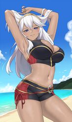 1girls adapted_costume alternate_color alternate_costume alternate_hair_color armpits bare_thighs beach bikini black_bikini black_swimsuit blue_eyes breasts cleavage cleavage_cutout dark-skinned_female dark_skin female female_only fire_emblem fire_emblem_awakening fire_emblem_cipher from_below grey_hair igni_tion large_breasts long_hair looking_down lucina_(fire_emblem) lucina_(summer)_(fire_emblem) nintendo ocean outdoors sexy_armpits smile solo swimsuit symbol-shaped_pupils thighs tiara white_hair rating:Questionable score:83 user:Hyunkel