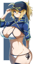 1girls 2022 ahoge artoria_pendragon belly_button bikini blonde_hair blue_eyes blush breasts cropped_jacket embarrassed fate/grand_order fate_(series) female female_only gin_moku hat hi_res hips huge_breasts mysterious_heroine_xx_(foreigner) ponytail side-tie_bikini slim_waist straight_face sweatdrop swimsuit thick_thighs thigh_gap thighs white_bikini wide_hips rating:Questionable score:83 user:ZetaReborn