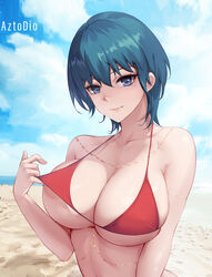 1girls alternate_costume alternate_hairstyle azto_dio aztodio bangs bare_shoulders beach bikini blue_eyes blue_hair blue_sky blush breasts byleth_(fire_emblem) byleth_(fire_emblem)_(female) cleavage collarbone female female female_only fire_emblem fire_emblem:_three_houses large_breasts looking_at_viewer nintendo red_bikini short_hair sky smile solo swimsuit teal_hair rating:Questionable score:65 user:kris923