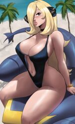 1girls 1pokemon 2022 absurd_res beach bikini blonde_female blonde_hair breasts cynthia_(pokemon) echosaber female female_only garchomp hair_ornament hair_over_one_eye hips huge_breasts long_hair nintendo one-piece_swimsuit outdoors pokémon_(species) pokemon pokemon_dppt slim_waist swimsuit thick_thighs thighs wide_hips rating:Questionable score:358 user:ZetaReborn