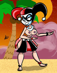 atomickingboo beach black_lipstick blue_eyes clouds clown_makeup coconut_tree dc dc_comics edit edited harley_quinn harley_quinn_(classic) hula hula_skirt jester_cap lei signature sun sunset topless rating:Explicit score:8 user:DavidAlt