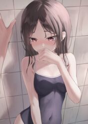 black_swimsuit kaguya-sama_wa_kokurasetai_~tensai-tachi_no_renai_zunousen~ looking_down marinesnow one-piece_swimsuit red_eyes shinomiya_kaguya shy tight_clothing tile_wall wet wet_clothes rating:Questionable score:250 user:deleted7573