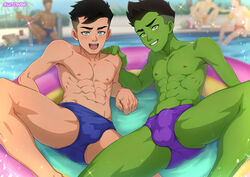 5boys abs balls beast_boy bulge dc dc_comics duo_focus flaccid green_skin jon-el jonathan_kent male male_focus male_only muscular muscular_male penis pool suiton superboy superboy_(jonathan_kent) teen_titans toned toned_male rating:Questionable score:18 user:busterancher