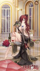 ass bare_shoulders black_high_heels black_sleeves blush brown_eyes crossed_legs dress earrings erza_scarlet fairy_tail female_only hair_over_one_eye high_heels large_breasts long_dress long_hair long_sleeves nipple_bulge ponytail red_hair sideboob sleeves_past_elbows solo_focus tattoo thick_thighs thighs uncensored rating:Explicit score:129 user:HentaiHaremKing