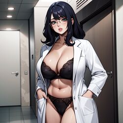  ai_generated blue_eyes busty dark_blue_hair doctor glasses hands_in_pockets labcoat lace-trimmed_bra lace-trimmed_panties large_breasts luscious_lips milf onyx_tyru stable_diffusion tired tired_eyes tummy  rating:explicit score: user:onyx_tyru