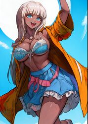 1girls ai_generated big_breasts blue_eyes bra breasts bursting_breasts cleavage danganronpa danganronpa_v3 dark-skinned_female dark_skin female frilled_skirt frills large_breasts long_hair long_jacket midriff navel open_mouth outdoors outside running shell shell_necklace sideboob skirt sky smile solo stable_diffusion tampopo thighs underboob undersized_clothes waving white_hair yellow_jacket yonaga_angie rating:Questionable score:37 user:Tampopo