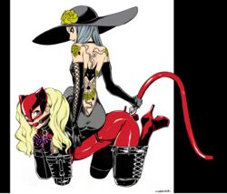 2girls all_fours ann_takamaki back_tattoo ball_gag bitchsuit blonde_hair blue_eyes bodysuit buttplug buttplug_tail collar dominatrix dress eudetenis gloves hat high_heel_boots high_resolution long_gloves long_hair mask persona persona_5 pet_play petplay phantom_thief_suit piddlefours pink_gloves red_ball_gag red_bodysuit sae_niijima shadow_sae silver_hair sitting sitting_on_person sitting_on_sub slave tail tail_plug twintails wrist_cuffs yuri rating:Explicit score:136 user:gusat