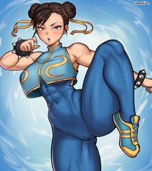 1girls 2024 2d abs asian asian_female ass blue_background blue_nails blush blush_lines bracelet breasts brown_eyes cameltoe capcom cheekie0 chinese_girl chun-li clothed clothing color earrings female female_only hair_bun leg_up light-skinned_female light_skin looking_at_viewer muscular muscular_arms muscular_female muscular_thighs navel open_mouth painted_nails pose pussy shoes sneakers solo solo_female spiked_bracelet standing_on_one_leg street_fighter street_fighter_alpha thick_thighs thighs rating:Explicit score:110 user:imasneaky