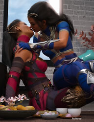 2girls 3d almost_kissing bisexual_(female) black_hair closed_eyes edenian female female_only fingerless_gloves food hand_on_shoulder imminent_kiss implied_kiss incest kissing kitana kiteena long_hair mileena mortal_kombat mortal_kombat_1_(2023) open_mouth princess rayalterego23 royalty sisters sitting_on_lap straddling twincest twins yuri rating:Questionable score:28 user:movesetmain