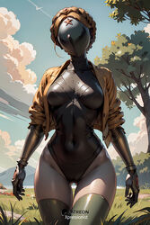  ai_generated atomic_heart black_leotard blonde_hair braid cropped_jacket female gold_jacket leotard no_face right_(atomic_heart) robot robot_girl straight-on thigh_gap xpressionist  rating:explicit score: user:xpressionist