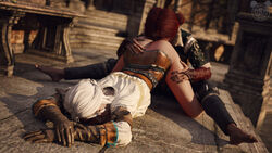 2girls ass ciri clothing eating_ass eating_pussy female light-skinned_female red_hair scar the_witcher_(series) the_witcher_3:_wild_hunt thenaughtypanda triss_merigold white_hair yuri rating:Explicit score:30 user:Kokizi