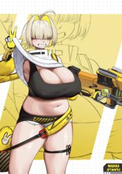 1girls :3 armpits bag bare_shoulders belly belly_button big_breasts blush booty_shorts chubby chubby_female clenched_teeth clothed clothed_female cute cute_fang elegg_(nikke) erect_nipples female gloves goddess_of_victory:_nikke gun hair_over_eyes holding_object holding_weapon large_breasts madara_artworks navel oerba_yun_fang peace_sign shirt_lift shirt_up short_hair shorts smile smiling solo_female thick_thighs thigh_strap thighs v_sign white_hair white_skin yellow_hair rating:Questionable score:60 user:Leviathan15