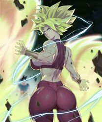 1boy arttoru ass back blue_eyes breasts bubble_butt clothed dragon_ball dragon_ball_super green_hair huge_breasts kefla legendary_super_saiyan looking_at_viewer looking_back muscular_female realistic sideboob son_goku super_saiyan super_saiyan_2 yoga_pants rating:Questionable score:146 user:The_Realistic