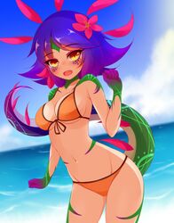 ayatori bikini blushing league_of_legends neeko orange_bikini purple_hair solo_female tail yellow_eyes rating:Explicit score:55 user:MoeMoeMoe