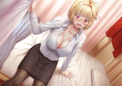 1girls accidental_exposure arcueid_brunestud big_breasts blonde_hair blouse blush bra bra_cups_sticking_out breasts cleavage dutch_angle embarrassed female female_only glasses lingerie looking_down miyai_sen office_lady on_bed open_mouth open_shirt pantyhose pencil_skirt red_eyes shirt short_hair sitting skirt solo tsukihime type-moon uniform rating:Questionable score:48 user:deleted101928