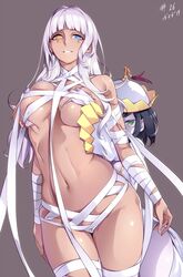 2girls bandages black_hair blue_eyes breast_grab breasts china_dress chinese_clothes chinese_commentary commentary_request dark-skinned_female dark_skin dated egyptian grabbing grabbing_from_behind green_eyes hands_on_another's_chest heterochromia jiangshi large_breasts linea_alba long_hair multiple_girls mummy mummy_costume mummy_wrappings naked_bandage nanao_(mahaya) navel nephtys niang-niang purple_skin short_hair smile stomach teeth thighs to_aru_majutsu_no_index to_aru_majutsu_no_index:_new_testament white_hair wraps yellow_eyes zombie zombie_girl rating:Questionable score:105 user:ChalkIV