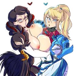 2022 2girls armor bayonetta bayonetta_(character) bayonetta_3 big_breasts breast_to_breast breasts_pressed_together crossover exposed_breasts helmet_removed huge_breasts large_breasts metroid metroid_dread nintendo partially_clothed partially_undressed princesskari samus_aran yuri rating:Explicit score:165 user:shamecrab