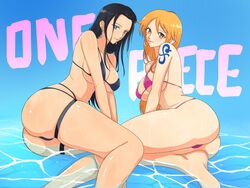 2girls ass ass_focus big_ass big_breasts bikini black_bikini black_hair blue_eyes breasts brown_eyes curvy dat_ass ear_piercing earrings female female_only long_hair looking_at_viewer lying_on_side micro_bikini nami nico_robin one_piece opalisart orange_hair pink_bikini posing post-timeskip presenting_hindquarters shoulder_tattoo sideboob tattoo thick_thighs thong underboob voluptuous water rating:Questionable score:92 user:lespam_605