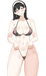 black_hair blush cleavage earrings hairband large_breasts licking_lips long_hair looking_at_viewer pubic_hair red_eyes spy_x_family thong voidmakerz yor_briar rating:Questionable score:58 user:TheKindHaremMaster