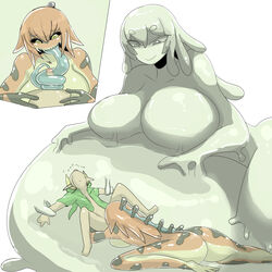 1boy 2girls big_breasts bigger_female breasts censored censored_penis eyebrows_visible_through_hair femdom frog frog_girl gekko_(zelda) gekko_zelda inumatori link long_tongue monster monster_girl mosaic_censoring nude nude_female open_mouth simple_background slime slimegirl smaller_male the_legend_of_zelda tongue tongue_out tonguejob vore white_background young_link rating:Explicit score:116 user:vodanhna