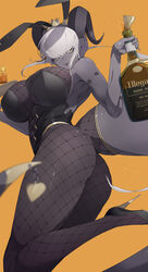 1girls alcohol armpits ass ass_focus black_body bottle breasts bunny_ears bunny_girl bunnysuit crown curly_horns dark-skinned_female dark_skin female female_focus female_only fishnets gold_eyes hair_ornament headband headgear heels high_heels horns ill_(ub1mo) large_breasts looking_at_viewer mechanical open_mouth orange_background serving_tray solo solo_female solo_focus tagme tail tail_ornament thick_tail thick_thighs thighs thin_waist ub1mo waitress whiskey white_hair rating:Questionable score:26 user:CalZone