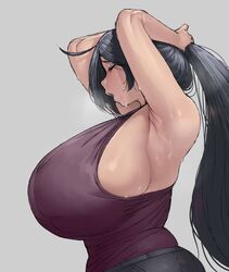 1girls armpits arms_up big_breasts black_hair breasts_bigger_than_head closed_eyes clothed eyelashes female female_only hi_res huge_breasts krekk0v lin_(krekk0v) milf open_mouth original_character side_view sideboob simple_background sweat tank_top tying_hair venus_body rating:Questionable score:1075 user:SpiderSlav