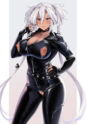 1girls absurd_res big_breasts black_clothing bodysuit breasts choker cleavage collared_dress dark-skinned_female female female_only glasses hi_res kantai_collection latex latex_suit leather long_hair looking_at_viewer musashi_(kantai_collection) nail_polish nipples nipples_visible_through_clothing open_clothes open_zipper pussy pussy_juice red_eyes standing twintails very_long_hair white_hair yunamaro zipper rating:Explicit score:45 user:ToggafNaelik