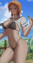 1girls bikini curvy female female_only looking_at_viewer midriff nami navel one_piece orange_eyes orange_hair outdoors outside savagexthicc shirt shirt_lift short_hair solo solo_female swimsuit thick thick_thighs voluptuous rating:Explicit score:238 user:dedc23