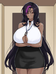 arms_crossed arms_crossed_under_breasts arms_under_breasts big_breasts black_hair breasts business_suit business_woman dark-skinned_female dark_hair dark_skin drogod_(artist) exposed_shoulders female_only hands_under_breasts huge_breasts large_breasts long_hair milf name_tag oc office office_lady original original_character pluto_(drogod) purple_hair_streaks purple_striped_hair red_eyes shoulders thick thick_thighs thighs work_skirt work_tag work_uniform rating:Questionable score:246 user:Fumeknight1