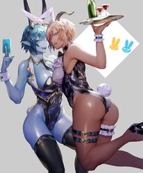 2girls arched_back armband armpits ass ass_focus back_view bangs bare_arms bare_shoulders bare_thighs blue_eyes blue_hair blue_skin bracelet breasts bunny_ears bunny_girl bunny_tail bunnysuit cleavage collar collared_shirt dark-skinned_female dark_skin ear_piercing earrings eyelashes eyeshadow female female_focus female_only frills front_view gold_(metal) hair_between_eyes heels highleg_leotard holding_object inner_thighs large_breasts lipstick looking_at_viewer looking_to_the_side nipple_bulge ogyazombie original playing_card scar serving_tray sharp_teeth short_hair sideboob simple_background slim_waist standing tagme tan_skin thick_thighs thigh_highs thigh_strap thighhighs thighs tie wide_hips wine rating:Explicit score:47 user:CalZone