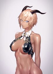 bare_arms bare_ass bare_midriff bare_shoulders belly_button blonde_hair blue_eyes bottomless collar collar_only earrings exposed_breasts functionally_nude functionally_nude_female horns inner_sideboob lipstick navel navel_line nipple_bulge nipples ogyazombie original pointed_ears pointy_ears ribbon short_hair tagme topwear white_background rating:Explicit score:30 user:CalZone