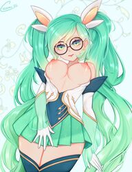 breasts crystall glasses green_eyes green_hair league_of_legends pigtails sona_buvelle star_guardian_series star_guardian_sona thighs rating:Explicit score:77 user:palecascade