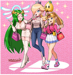 3girls bimbo blonde_female blonde_hair blue_eyes boob_window boots bracelet casual casual_clothes choker cleavage company_connection crossover crown denim dress drink earrings green_hair hair_over_one_eye high_heel_boots high_heels jacket jeans kid_icarus long_hair luma mario_(series) modern_setting nike nintendo palutena pink_shirt platinum_blonde_hair ponytail princess_rosalina princess_zelda sarukaiwolf sfw shirt shopping_bag skirt smile socks super_smash_bros. tennis_shoes the_legend_of_zelda thigh_boots tiara triforce_earrings turtleneck white_boots white_dress zelda_(a_link_between_worlds) rating:Safe score:205 user:gusat