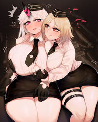 2girls abyssal_ship assisted_exposure bangs black_gloves black_necktie black_skirt blonde_female blonde_hair blouse blush breast_grab breasts cleavage cosplay crossover embarrassed eyelashes eyeliner female female_only garrison_cap garter girls'_frontline gloves hat heart hi_res highres horn horns huge_breasts kantai_collection large_breasts long_hair makeup miniskirt mp40_(girls'_frontline) mp40_(girls'_frontline)_(cosplay) multiple_girls necktie open_mouth pencil_skirt pink_eyes red_eyes seaport_hime shirt short_hair sidelocks sitting skirt sweat swept_bangs thigh_strap uni_(oni_unicorn) very_long_hair white_hair white_shirt wide_hips yuri rating:Questionable score:137 user:grimmriper25