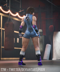 3d absurdres ass boots brown_hair female fingerless_gloves gloves gym highres kazama_asuka locker midriff muscular muscular_female pose punching_bag solo solo_focus tekken tekken7wallpapers tekken_7 thick_thighs thighs rating:Questionable score:22 user:PaperNekket03